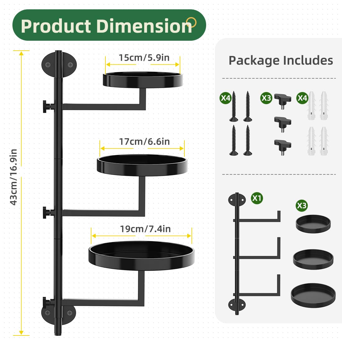 Gaoymsym Rotating Window Plant Shelf Wall Plant Shelf Indoor Metal Plant Stand Window Shelves for Plants 3 Tier Plant Stand Wall Plant Holder Wall Planters for Indoor Plants, Outdoor Plant Stands for Patio, Black