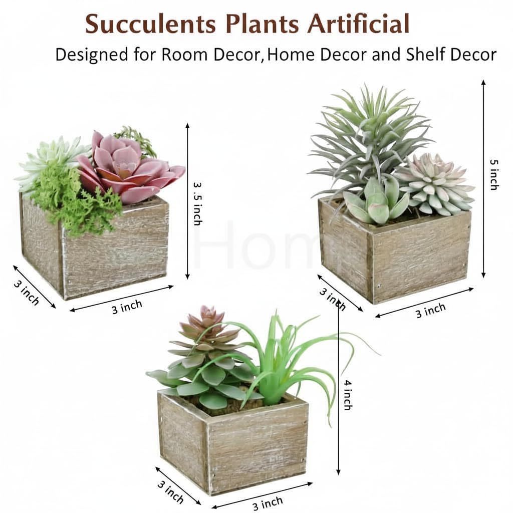 Succulent Plants Artificial, 3 Pack Small Fake Plants in Wood Pot for Home Decor, Farmhouse Artificial Plants Indoor for Living Room Bathroom Bedroom Office Kitchen Desk Wedding Coffee Table Decor