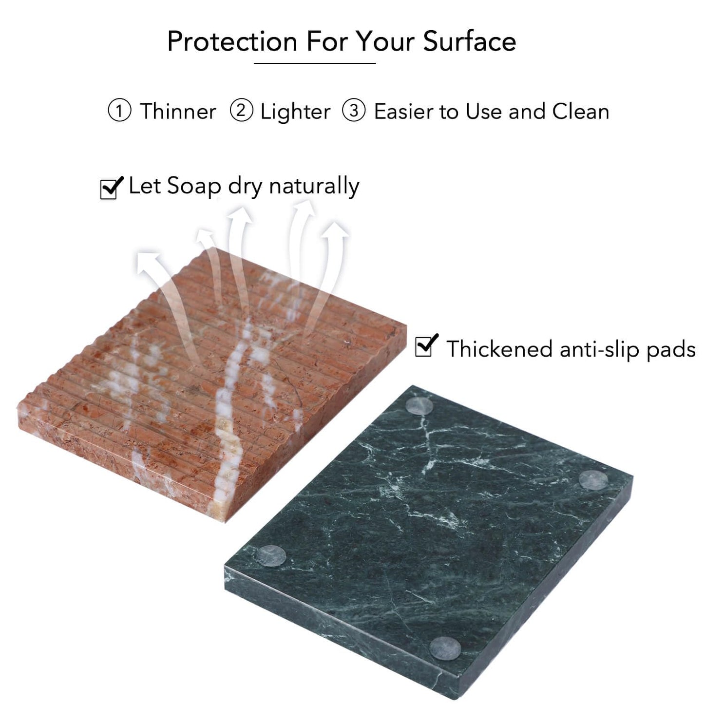 Marble Soap Dish Set of 2, Red & Green Natural Stone Soap Tray, Rectangular Soap Holder with Draining Grooves for Bathroom Shower Sink Vanity, Soap Saver Keep Soap Dry & Easy to Clean