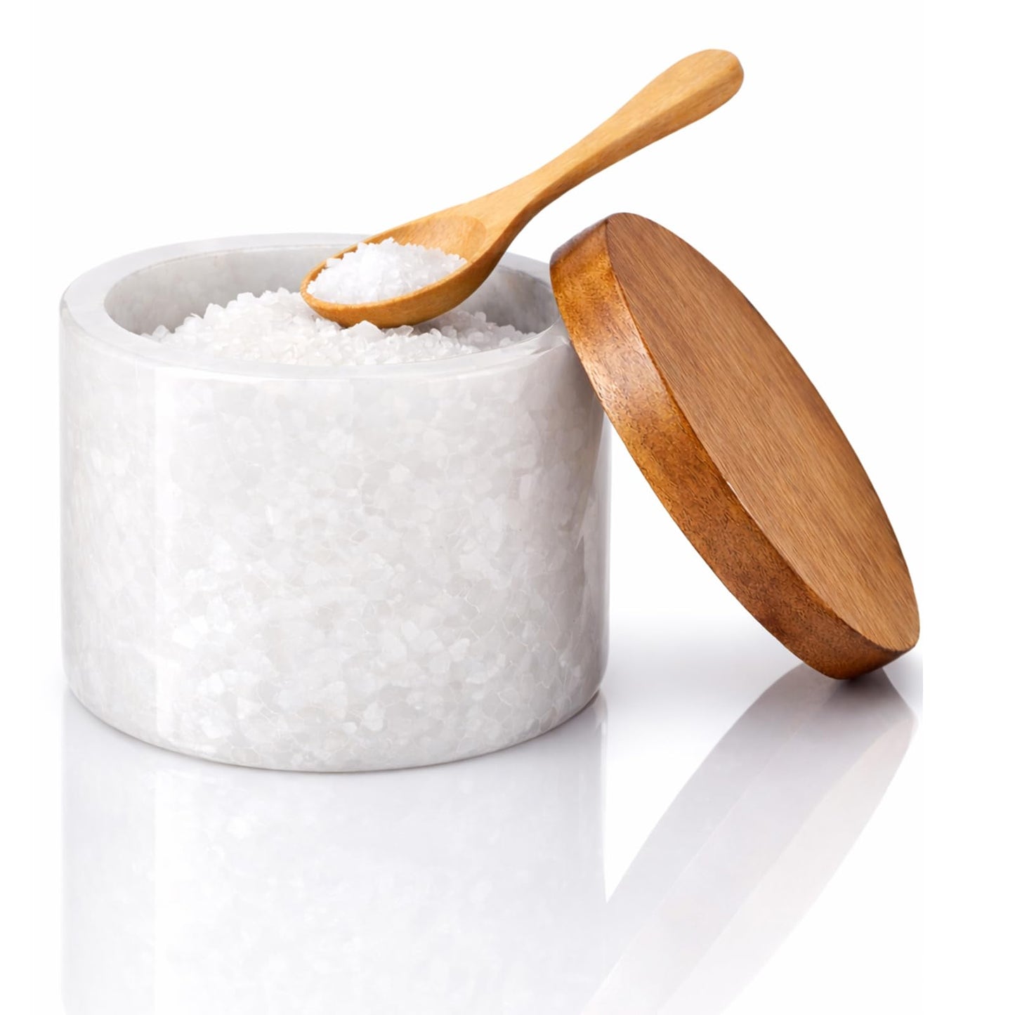 ZJSYTQS White Marble Salt cellar. Spice jars with Acacia Wood Lid and Spoon, Elegant Modern Handcrafted Container for Countertop