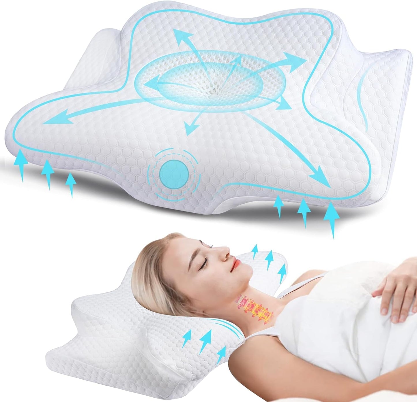 Cervical Memory Foam Pillow for Neck Pain Relief, 2 in 1 Orthopedic Sleeping Pillow, Shoulder Pain Ergonomic Head Neck Support Pillow for Side/Back/Stomach Sleepers with Removable Cover, White