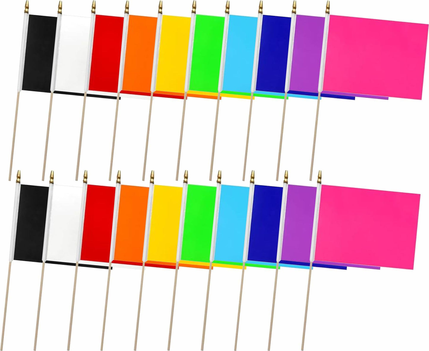20 Pack Red Orange Yellow Green Blue Purple Black White Pink Small Mini Wood Stick Flag Set, 5x8 Inch Solid Color Blank HandHeld Small Miniature Plain Flags for DIY Graffiti