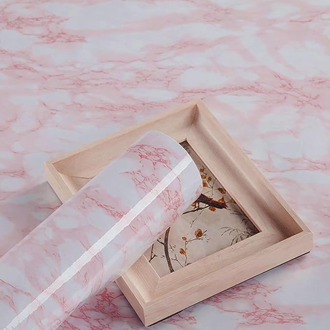 practicalWs 15.7 in × 118 in White Pink Marble Stick Paper Peel and Stick