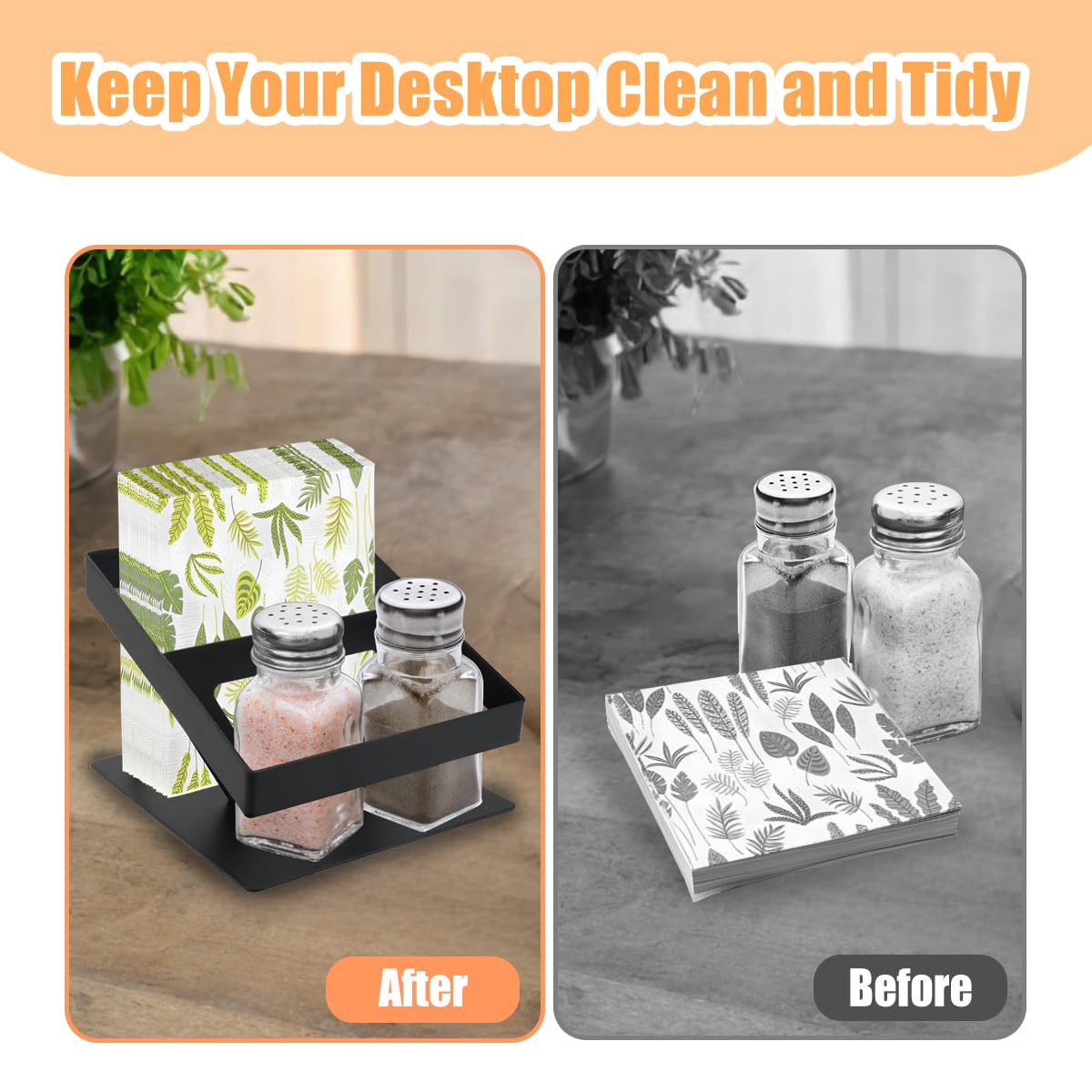 Napkin Holder for Table, SHAIDOJIO Metal Napkin Holder with Salt and Pepper Shakers Cadddy, Standing Paper Napkins Storage for Kitchen Dining Table Centerpiece Decor (Black)