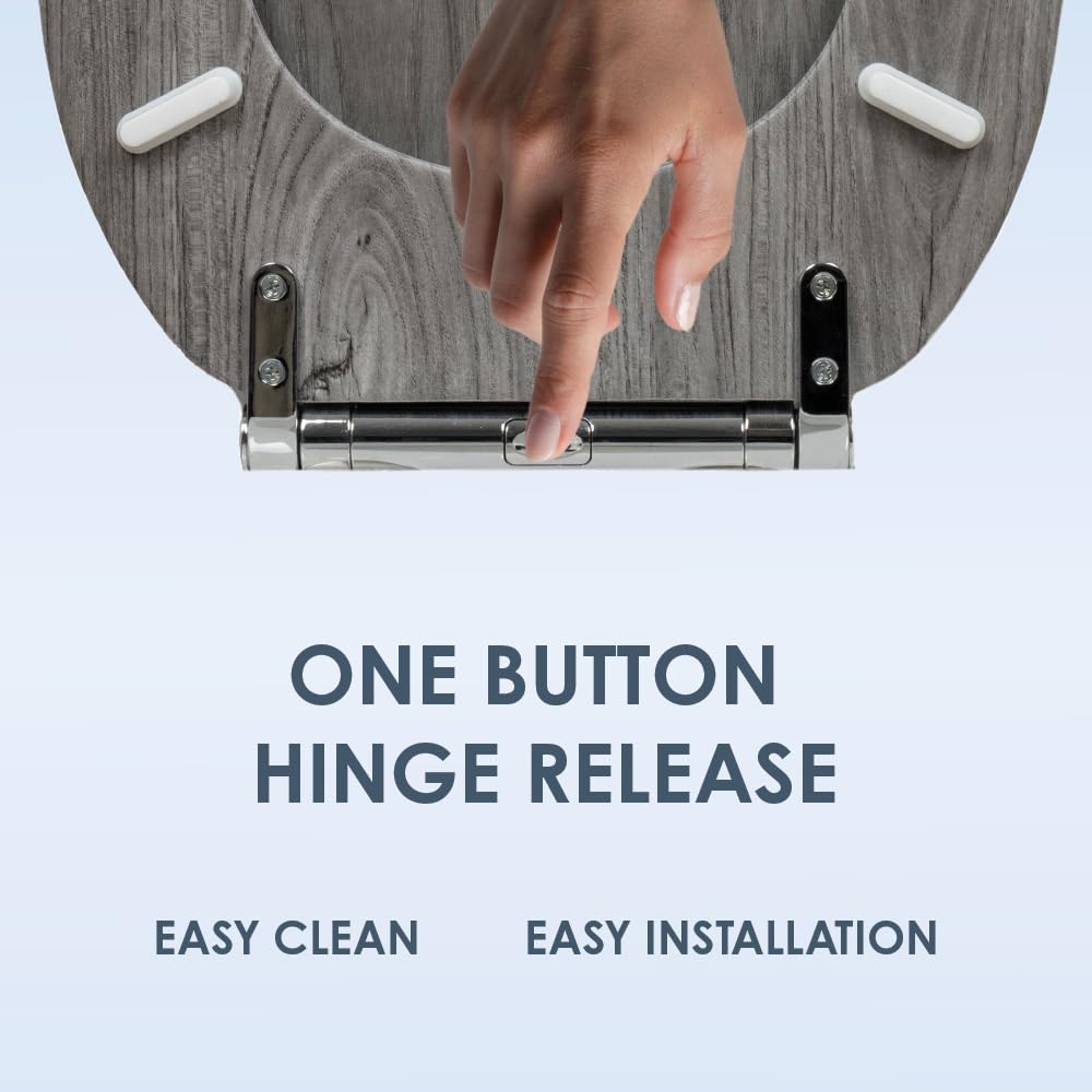 AQUALONA® Luxury Grey Oak Effect Toilet Seat - Soft Close MDF Moulded Wood Seat with Quick Release Button and Durable Hinges - Comfortable, Easy to Clean and Install with Universal Fittings