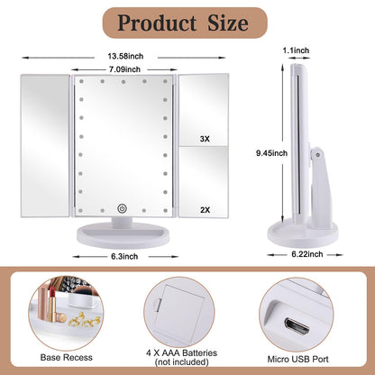 deweisn Dresser Mount Tri-Fold Lighted Vanity Mirror with 21 LED Lights, Touch Screen and 3X/2X/1X Magnification, Two Power Supply Modes Make Up Mirror,Travel Mirror