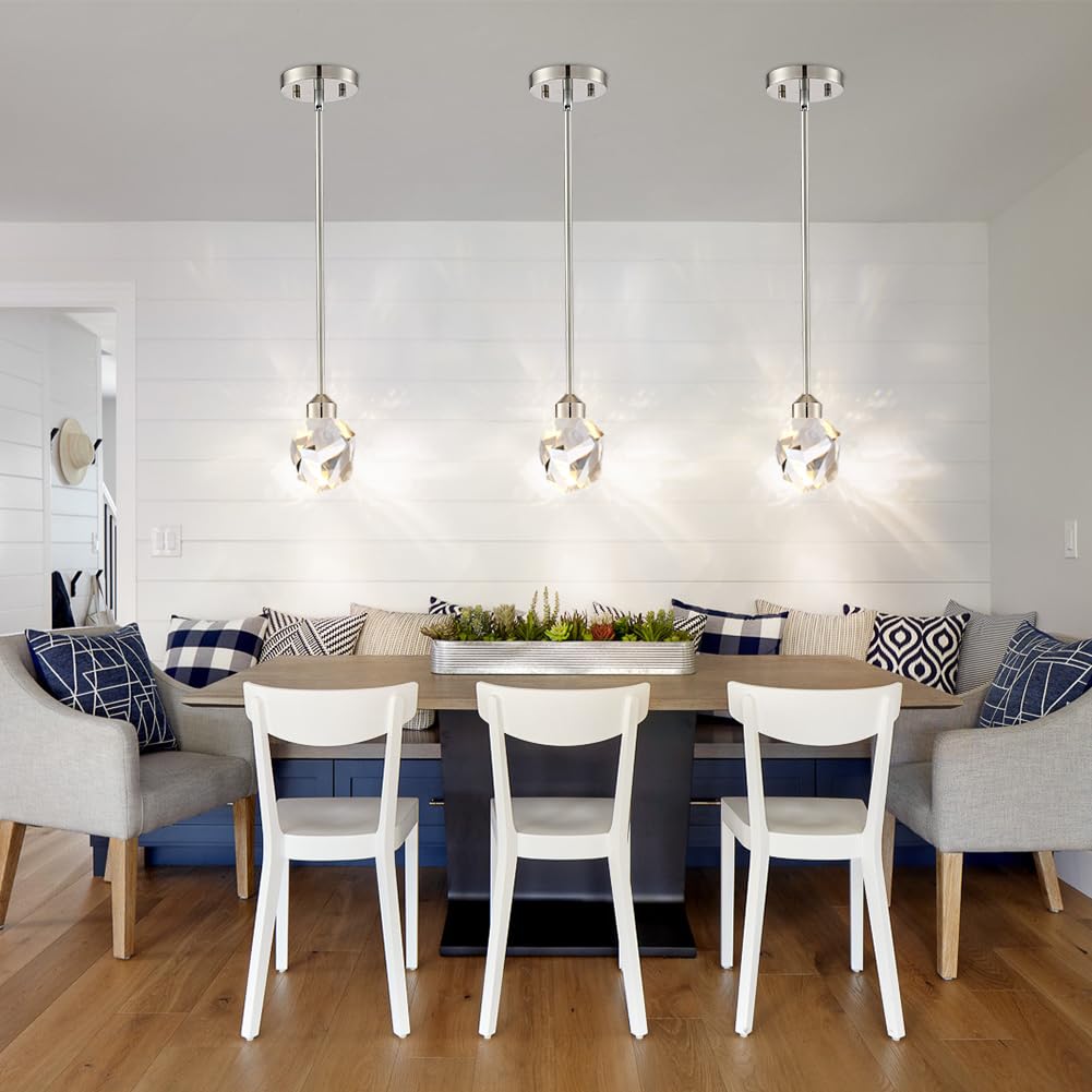 Untrammelife Modern Crystal Pendant Light Polished Nickel Small Pendant Light Fixtures 8W LED Hanging Chandelier for Bathroom Bedroom Kitchen 3 Color Temperature Adjustable 3000K-4000K-5000K