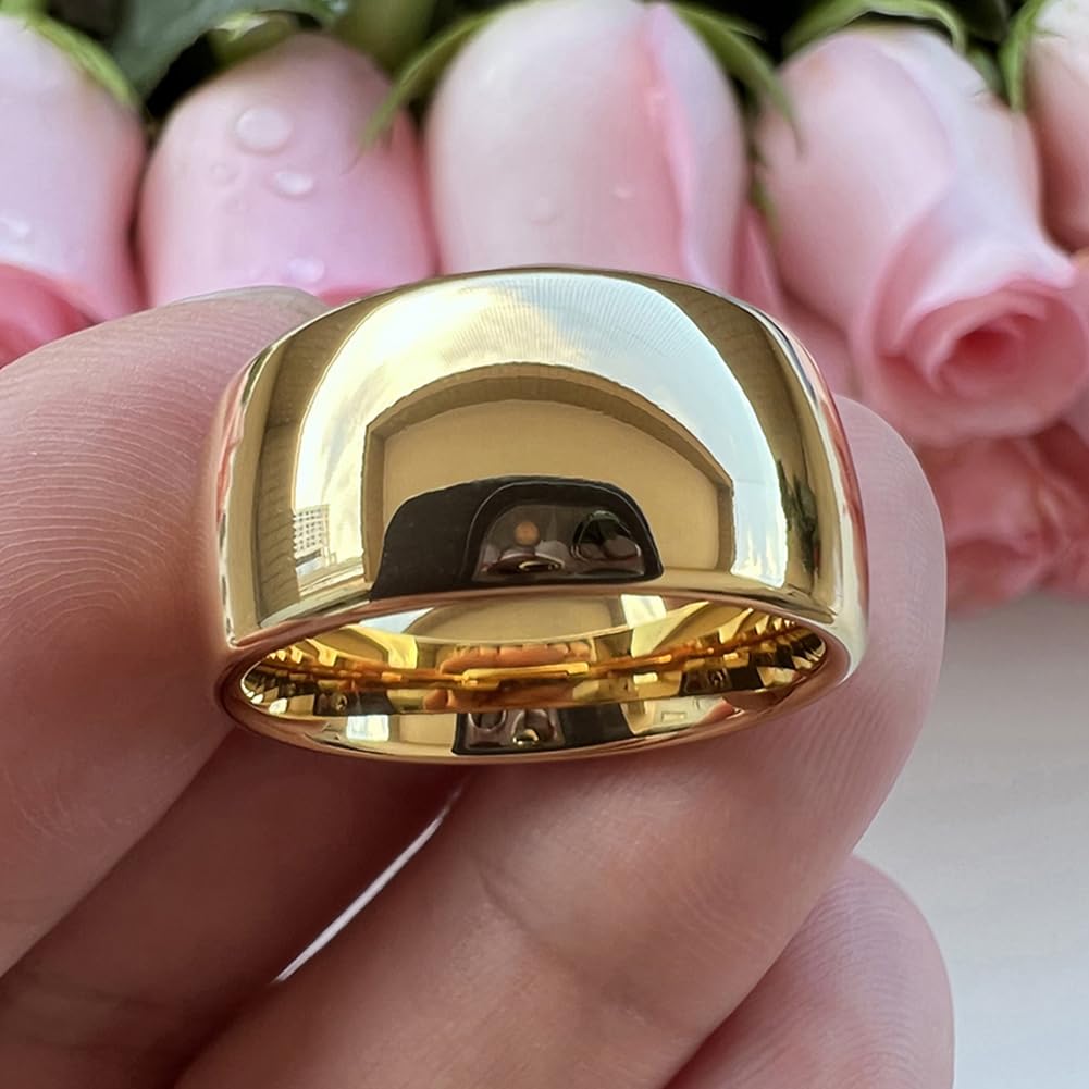 TUTISS 10mm Gold Tungsten Rings for Men Women Engagement Wedding Bands Domed Polished Comfort Fit Size 12