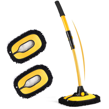 innhom 15° Curve Car Wash Brush,Telescopic Car Cleaning Brush, Microfibre Car Wash Brush Mop, Upgraded Aluminum Alloy Car Wash Brush Long Handle for Cars RV SUV Truck (Yellow( Mop and 2 Head))