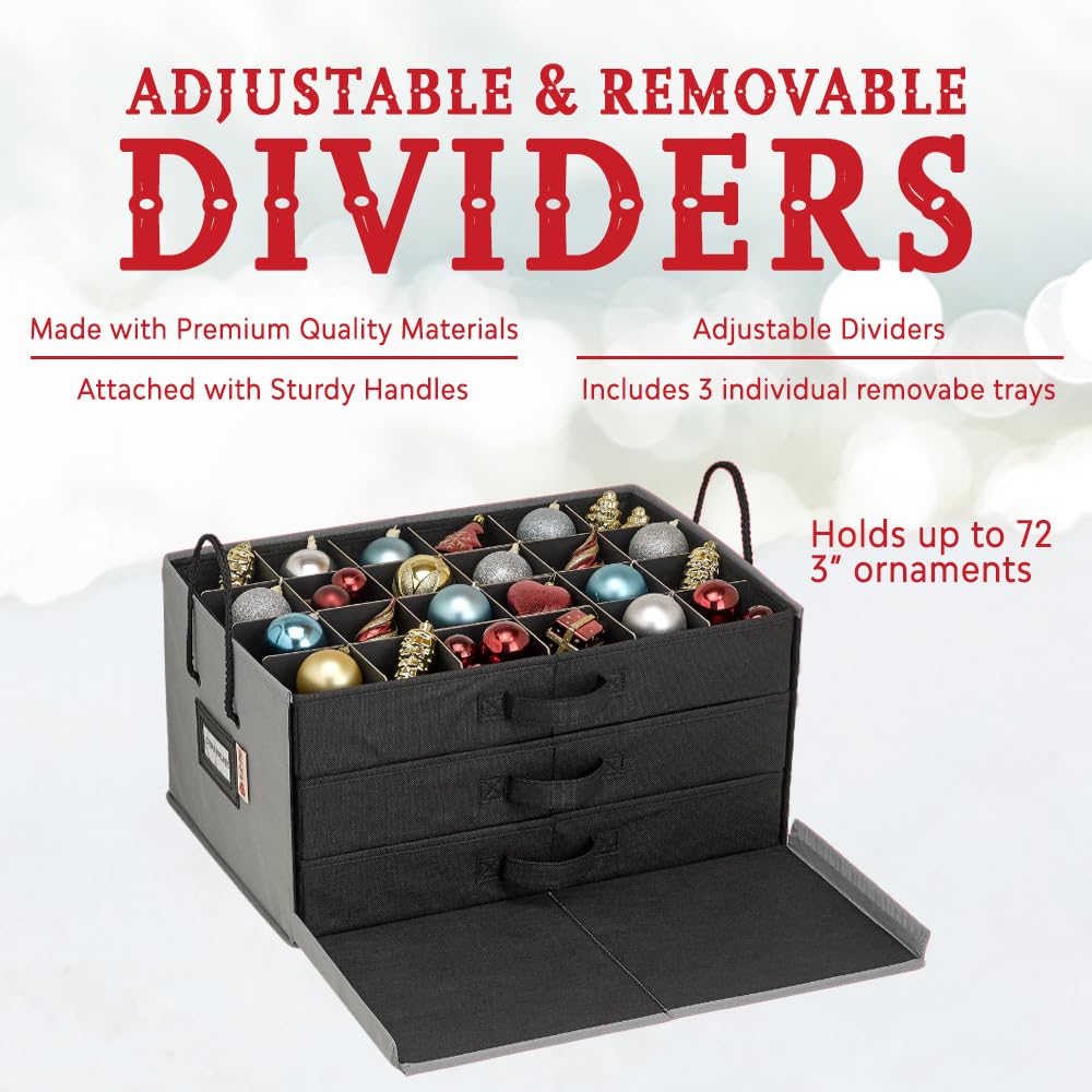 HOLDN’ STORAGE Christmas Ornament Storage Box with Dividers, Holds 72 Ornaments (3 Inch), Large Ball Storage Container with 3 Removable Trays, Durable and Portable - Gray