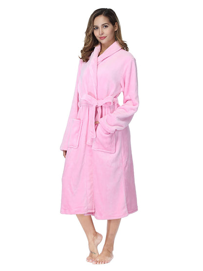 RONGTAI Fleece Robes for Women Plush Soft Warm Long Bathrobe with Pockets - Pink - Large