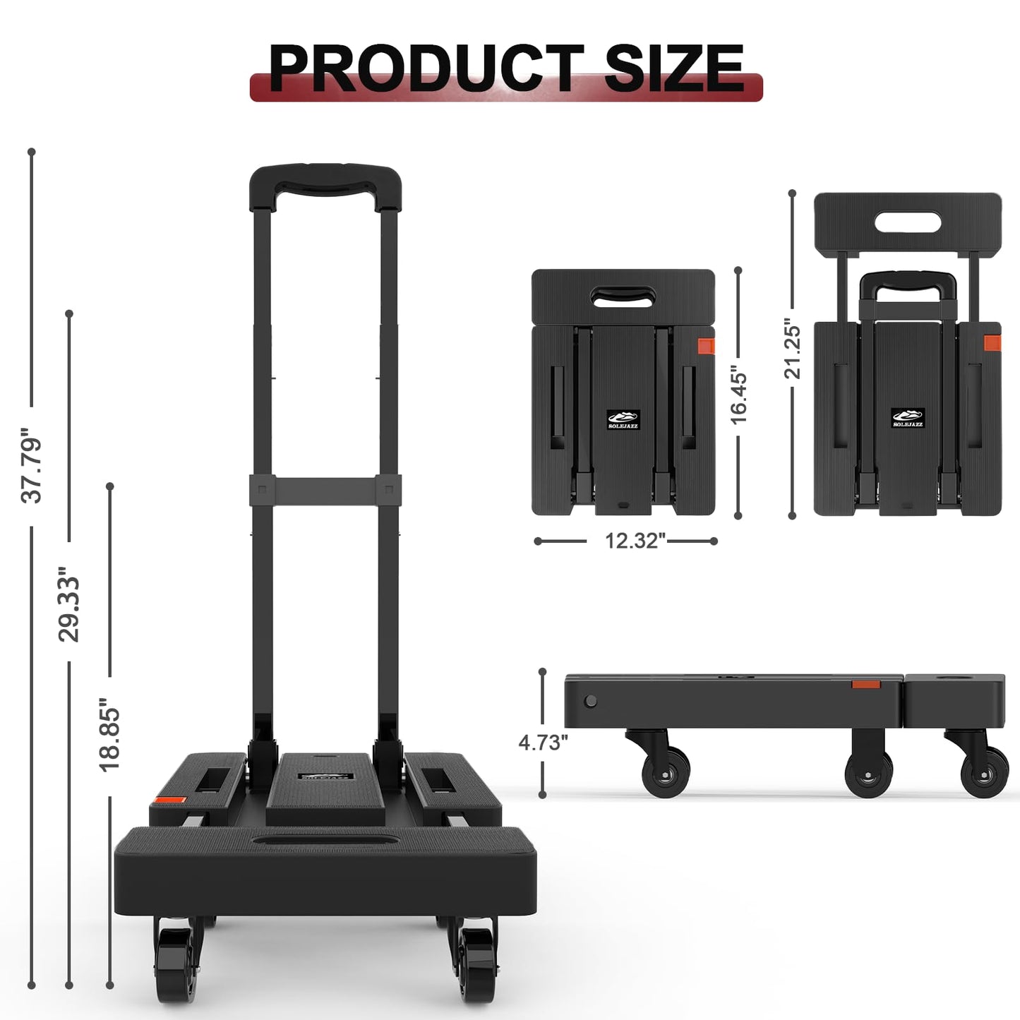 SOLEJAZZ Folding Hand Truck Portable Dolly Cart with Wheels Foldable 500LB Heavy Duty Luggage Cart Collapsible Hand Cart Moving Dolly for Airport Travel Furniture Luggage Office Moving, Black