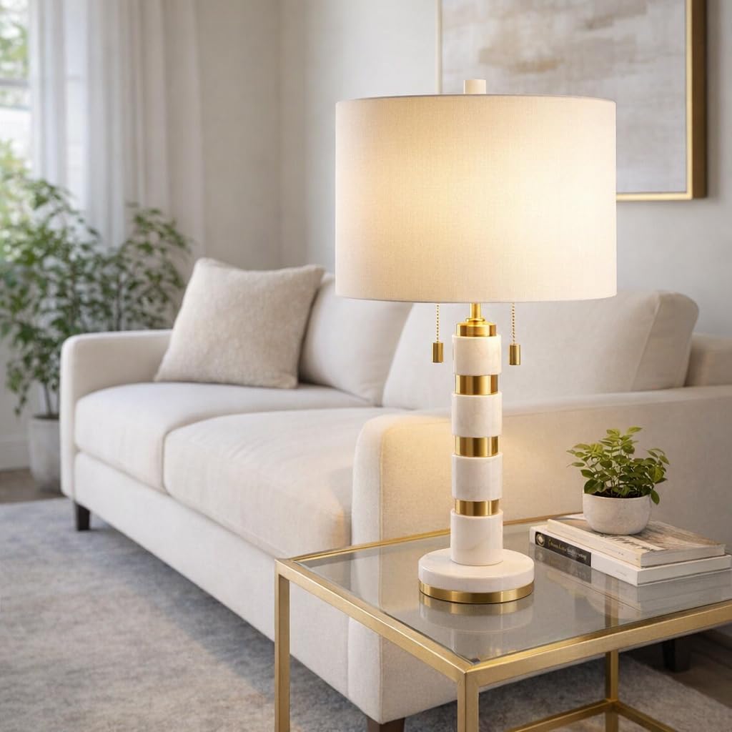 Sagebrook Home 27x14 Stacked Marble Lamp With 2 Pulls, White