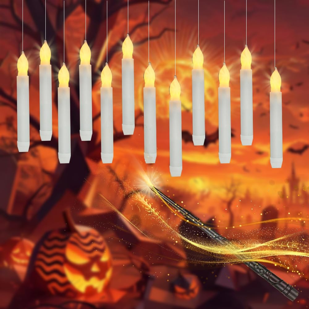 LONGSUOCHUANG 12 Pcs Floating Candles with Wand, Warm Yellow Flameless LED Taper Candles with Remote, Battery Operated Flickering Lights for Halloween Christmas Party Window Decor