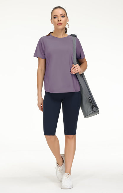 THE GYM PEOPLE Women's Short Sleeve Workout Shirts Breathable Yoga T-Shirts with Side Slits Athletic Tee Tops Grey Purple
