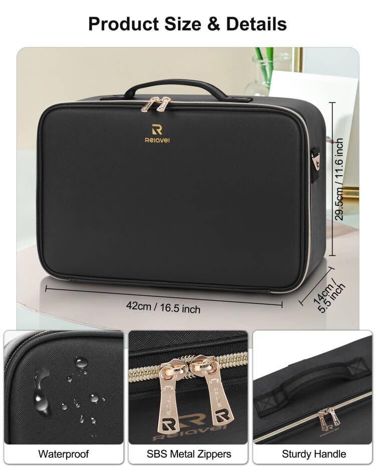 Relavel Travel Makeup Bag With LED Mirror, Cosmetic Train Case with Light up Mirror, Portable Makeup Artist Organizer Bag with Adjustable Dividers, Makeup Brush Holder Storage, Black