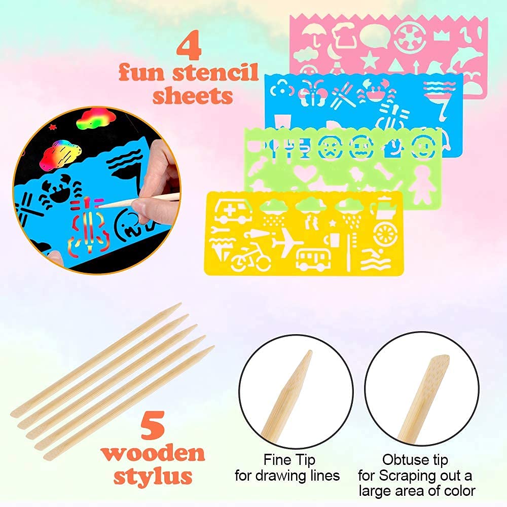 Mocoosy 60 PCS Rainbow Scratch Art Paper for Kids, Magic Scratch Paper Set Art Craft Supplies, Black Scratch Sheets Party Game Activities Christmas Birthday Gifts Girls Boys 3 4 5 6 7 8 9 10 Years Old