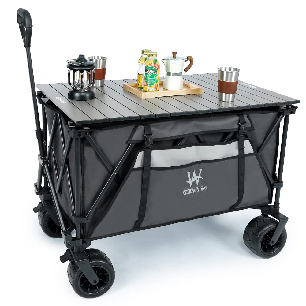 Whitsunday Heavy Duty Collapsible Wagon Cart,440Lbs Folding Outdoor All Terrian Wheel Utility Camping Park Wagon Cart with Table Grey