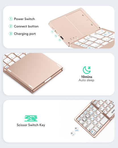 Samsers Foldable Bluetooth Keyboard with Touchpad - Portable Wireless Keyboard with Holder, Rechargeable Full Size Ultra Slim Pocket Folding Keyboards for Android Windows iOS Tablet & Laptop - Black