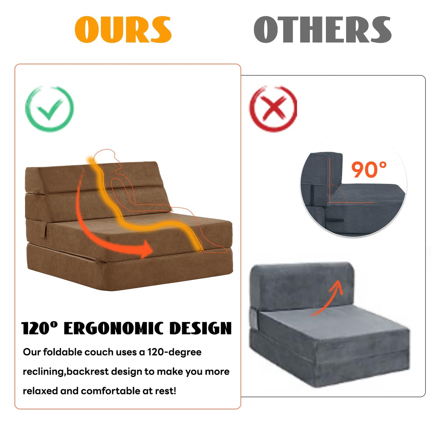 jela Foldable Sofa Bed Large Soft Foam Convertible Sleeper Chair Luxury Miss Fabric Fold Out Chair Bed Floor Couch with Back Support Floor Sofa for Living Room Bedroom (83"x33",Coffee Brown)