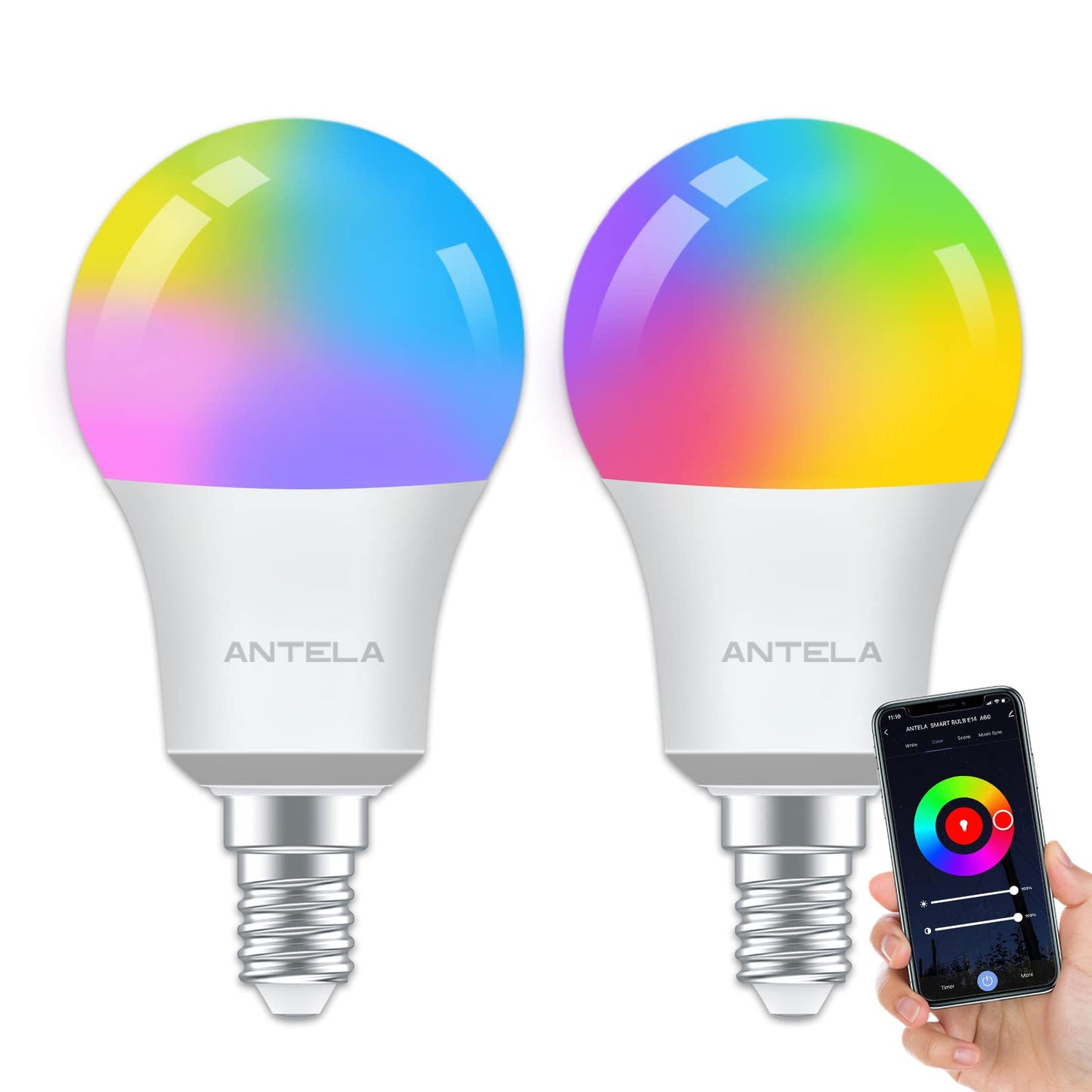 ANTELA Smart Bulb E14 Alexa Light Bulb A60 7W 806LM LED RGB Dimmable Bulb, 2700K-6500K Warm and Cool White, Smart Life App Control, Compatible with Google Home, 2PCS