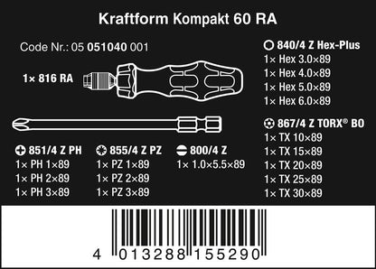Wera Kraftform Kompakt 60 Ratchet screwdriver & Bit Set, 17pc, 05051040001