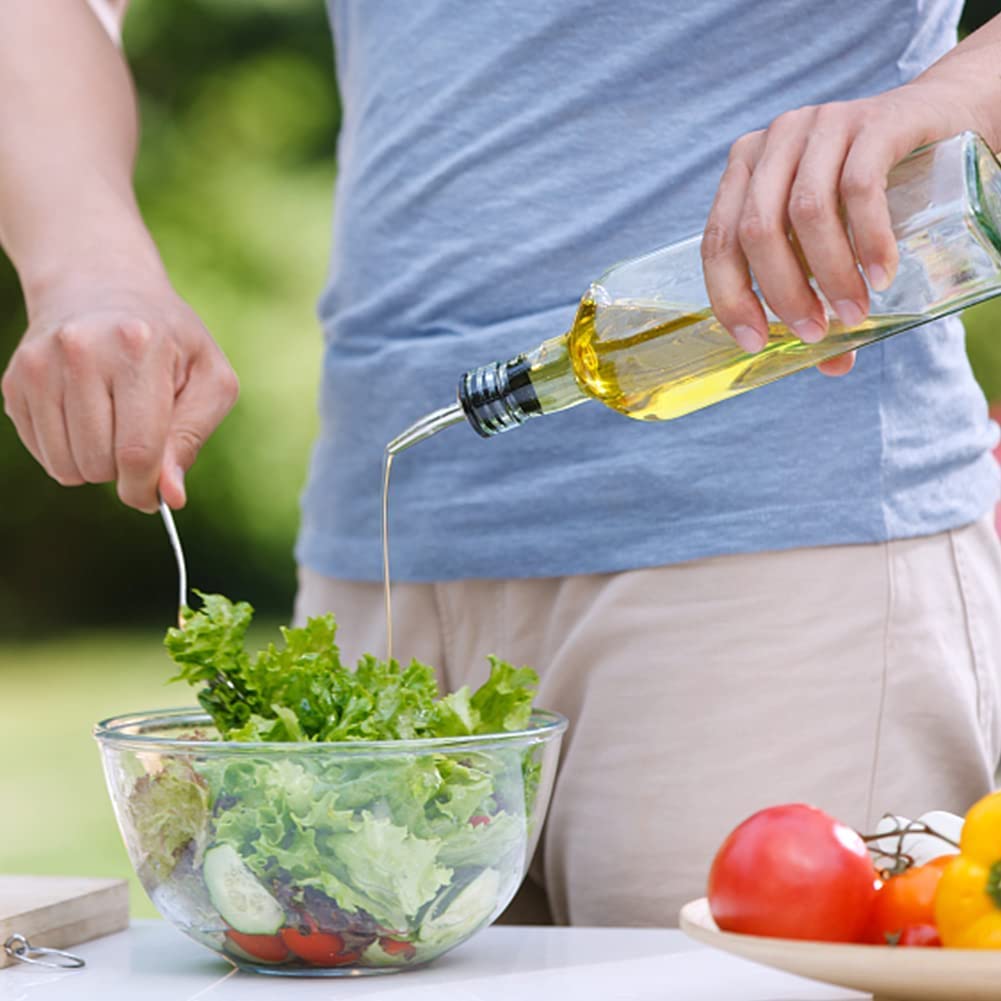 Showvigor Olive Oil Dispenser Bottle, Oil and Vinegar Cruet Bottle 17oz/500 ml, Square Tall Glass Oil Container with 2 Stainless Steel Pourers, 2 Labels,1 Brush and 1 Funnel Oil Bottles for Kitchen