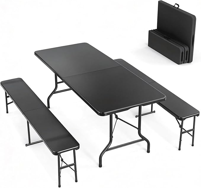 VINGLI Picnic Table Set with 2 Benches, 6 Feet Camping Table Chair Set