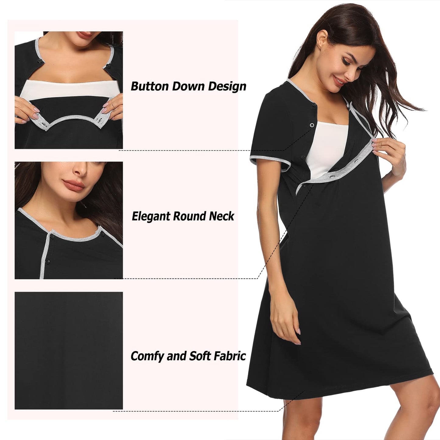Sykooria Women's Maternity Nightdress Breastfeeding Nightwear Short Sleeve Nursing Nightgown Button Down Sleep Shirt V Neck Pajama Tops Soft Loungwear For Pregnant Women(Black,M)