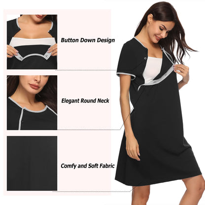 Sykooria Women's Maternity Nightdress Breastfeeding Nightwear Short Sleeve Nursing Nightgown Button Down Sleep Shirt V Neck Pajama Tops Soft Loungwear For Pregnant Women(Black,M)