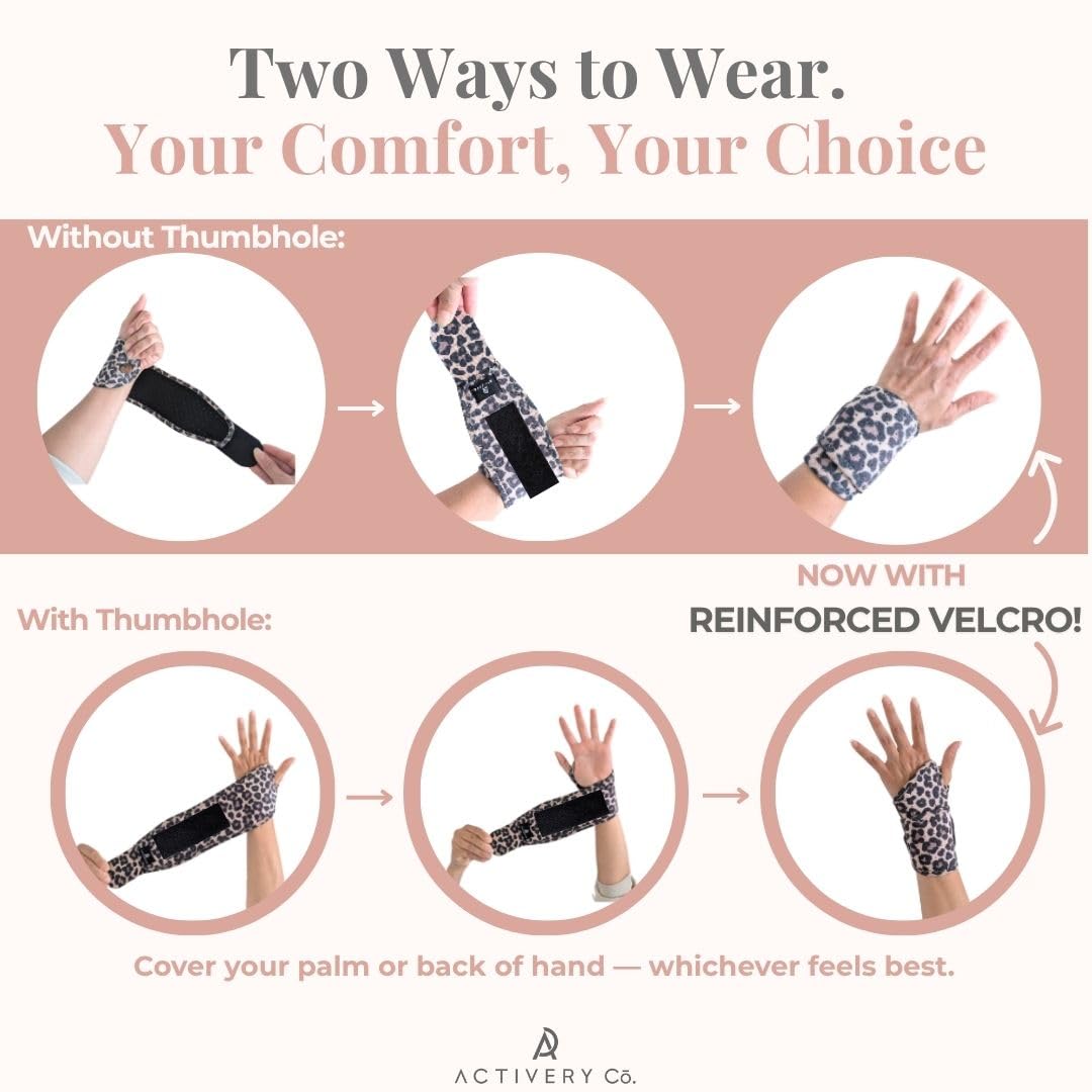 Activery Co. Carpal Tunnel Wrist Brace Left Hand, Right Hand for Women, Day or Night Compression Wrist Support Brace for Fitness, Keyboard Use, or Overnight Support, 2 Pack, Leopard Print