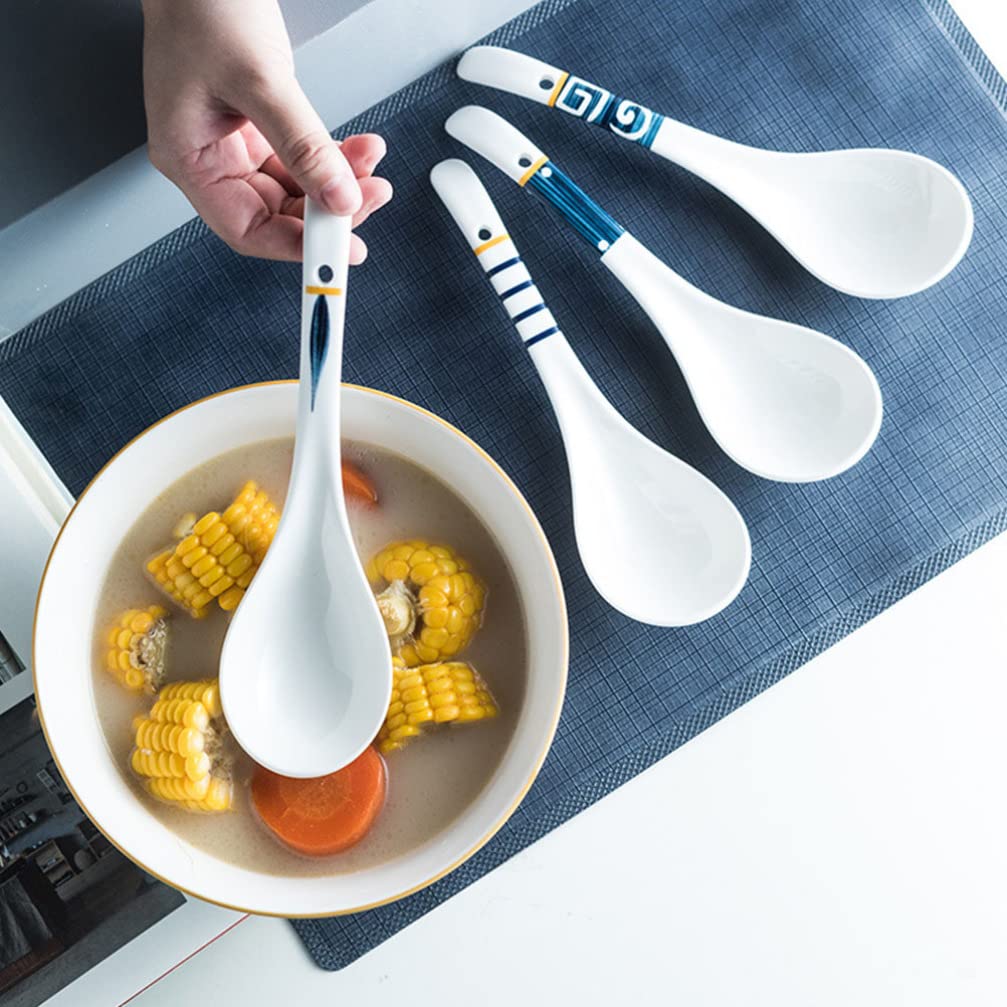 Hemoton Ceramic Soup Spoons with Long Handle 9.05 Inch Set of 2 for Rice Porridge Serving Kitchen Household