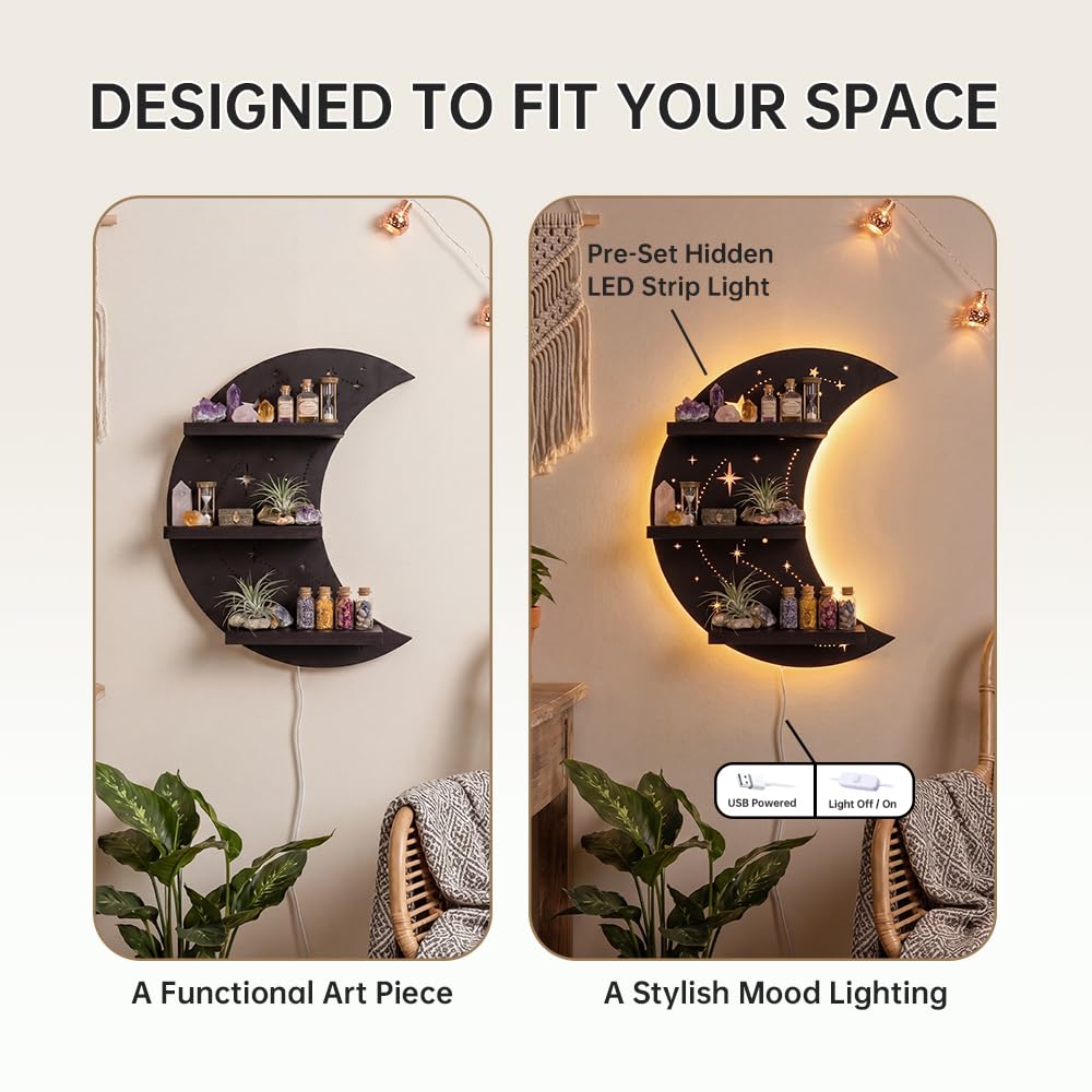 FNYDOX Crescent Moon Shelf with LED Light, Trinket Shelf & Moon Wall Light for Rocks Gems Healing Stones Crystals Display Shelf, Celestial Decor Crystal Holder Witchy Wall Decor