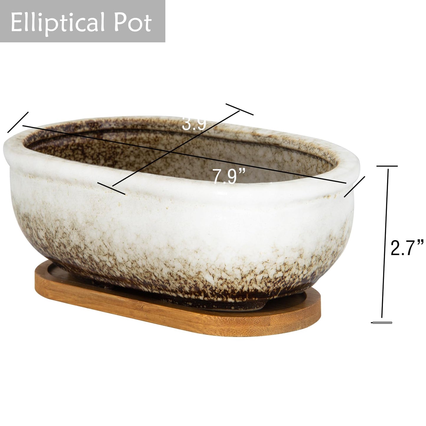 Succulent Pots, 1 Rectangle Planter + 1 Ceramic Bonsai Pot with Drain Tray, 2 Pack Large Shallow Succulent Planters for Indoor Plants, Round Cactus Flower Plant Pot for Desk Windowsill Decor
