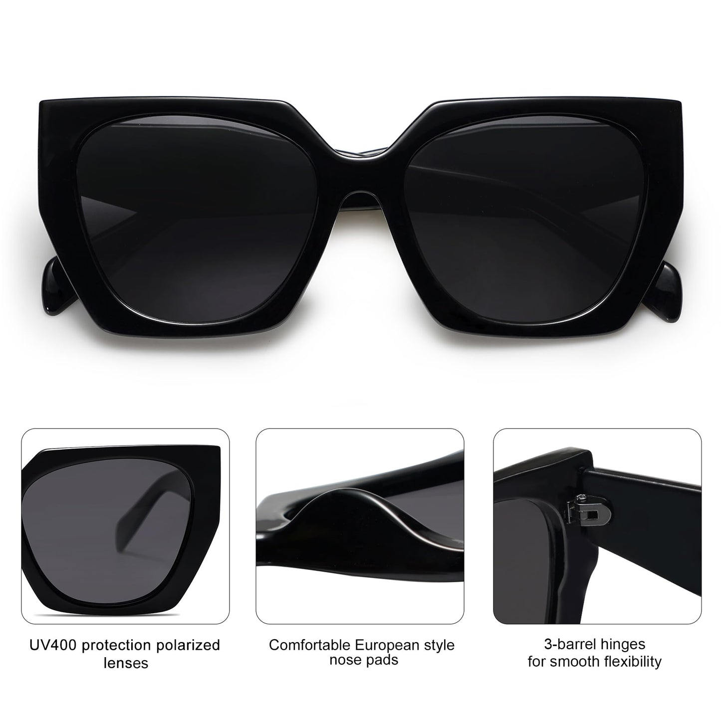 SOJOS Trendy Large Oversized Polarized Sunglasses Womens Big Square Cateye Sunnies, Lentes de sol para mujer SJ2205, All Black