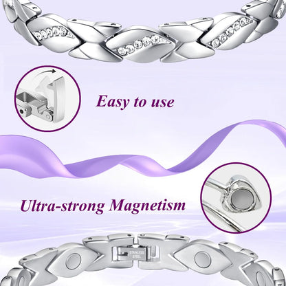 Vicmag Magnetic Bracelets for Women Ladies Titanium Steel Ultra Strength Magnets Bracelet with 3500 Gauss Effective for Women with Gift Box & Removal Tool(Crystal Design for Ladies)(Platinum)