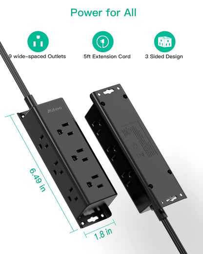 Surge Protector Power Strip - 9 Widely Spaced Multi Outlets, Wall Mount, 3 Side Outlet Extender with Extension Cord, Flat Plug, Overload Protection, Home Office Dorm Room Essentials (5FT, White)