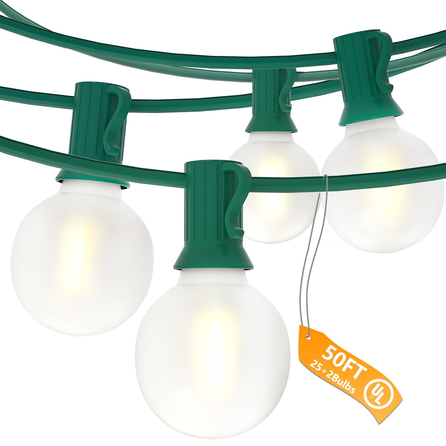 SUNSGNE G40 LED Round Christmas Lights Outdoor, 50FT Globe Christmas String Lights with 27 LED Frosted White Bulbs(2 Spare) for Patio Yard Outside Christmas Decorations