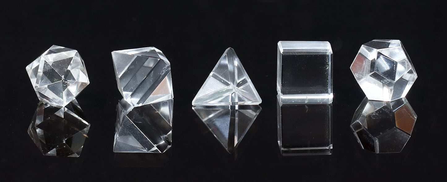 Crocon Clear Quartz 5 Pcs Platonic Sacred Stones Geometry Set for Chakra Stone Balancing Reiki Healing Spiritual Good Luck Home Office Decor Size: 15-20 mm
