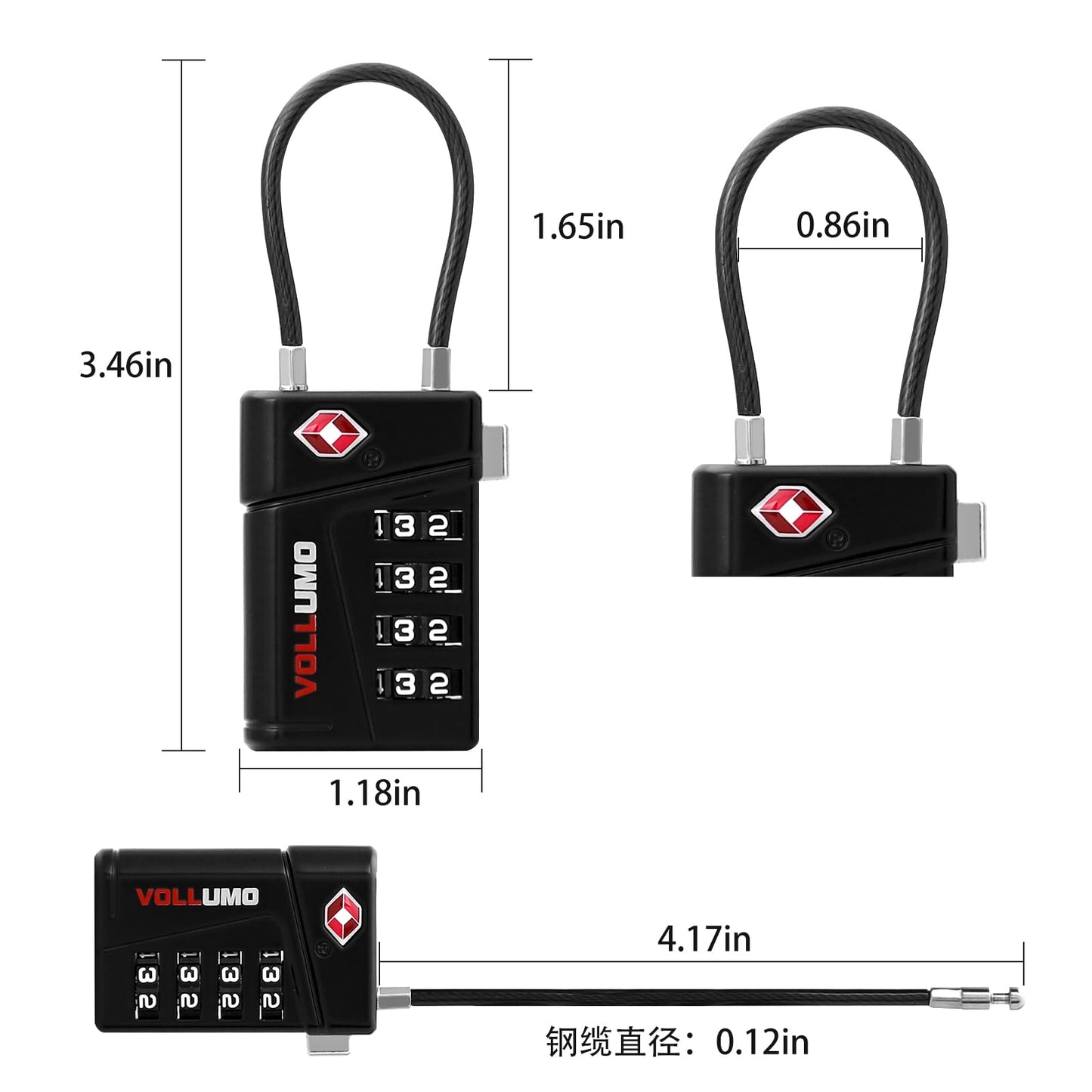 Vollumo TSA Approved Luggage Lock, 4-Digit Combination Cable Lock, Heavy Duty Travel Suitcase Lock with Flexible Steel Cable, for Backpack, Locker, Bag(Black（2-Pack）)