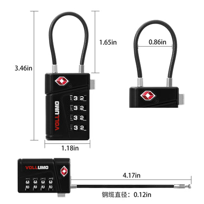 Vollumo TSA Approved Luggage Lock, 4-Digit Combination Cable Lock, Heavy Duty Travel Suitcase Lock with Flexible Steel Cable, for Backpack, Locker, Bag(Black（2-Pack）)