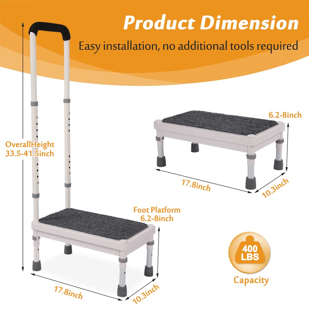 Step Stool with Handle for Elderly Adults, High Beds Steps Heavy Duty Metal Stepping Stool Mobility Aids Stand Assist, Medical Adjustable Bariatric Step Stool for Kitchen, Bedside, SUV, Bath - 400 lbs