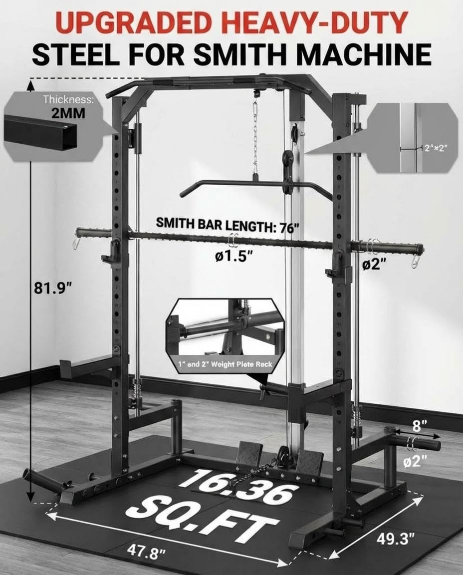 Compact Smith Machine Home Gym, All-in-1 Power Rack with LAT Pulldown Cable System, 1000LB Capacity, Squat Rack & Strength Training Station for Small Spaces