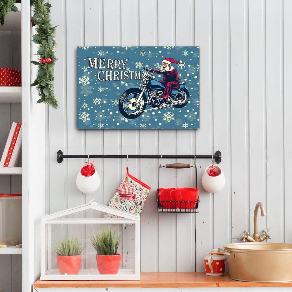 Renditions Gallery Motorcycle Santa Wall Art, Dark Blue, White Snowflake Design, Funny Christmas Decorations, Premium Gallery Wrapped Canvas Decor, Ready to Hang, 8 in H x 12 in W, Made in America