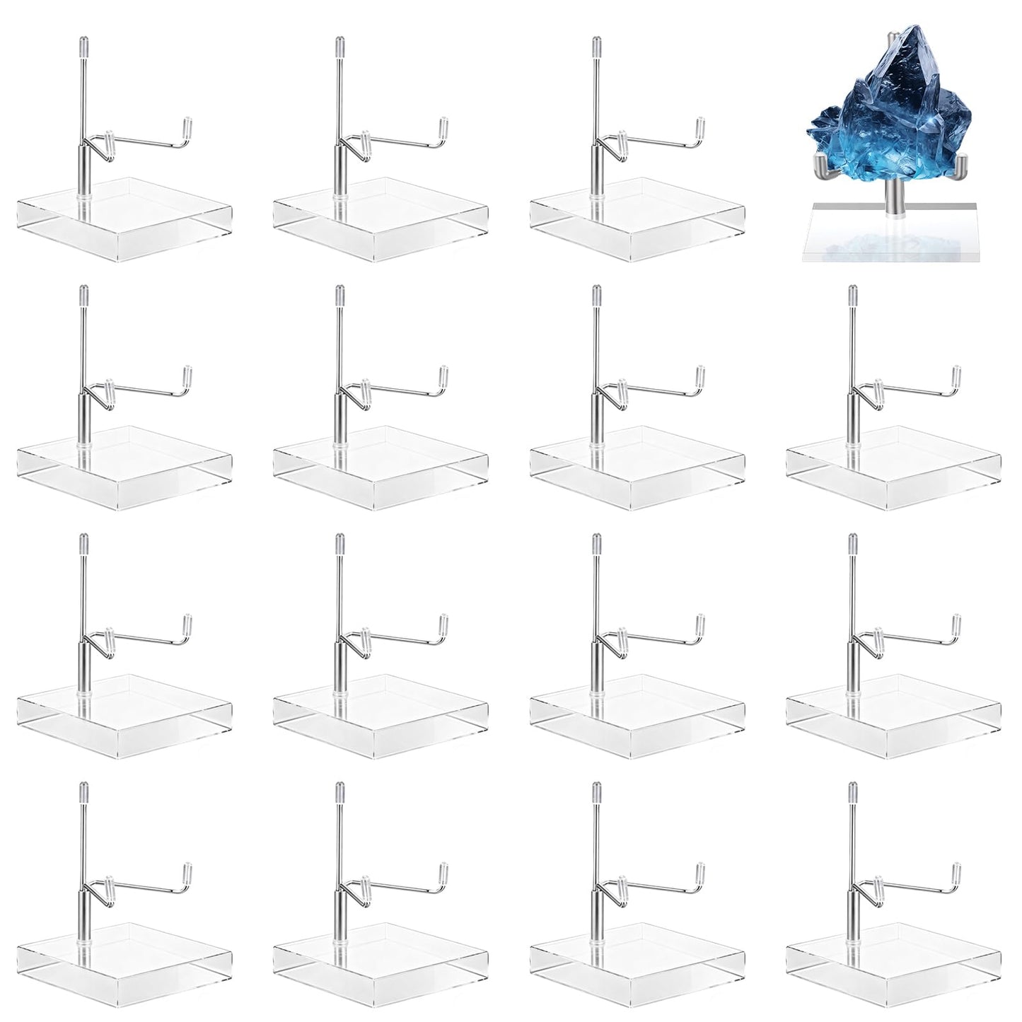 Nyuemystery 30 Pcs 2x2 Inch Adjustable Metal Arm Display Stand with Acrylic Base, Crystal Rock Holder for Mineral Geode Gemstone Fossils Picture Frames Easels