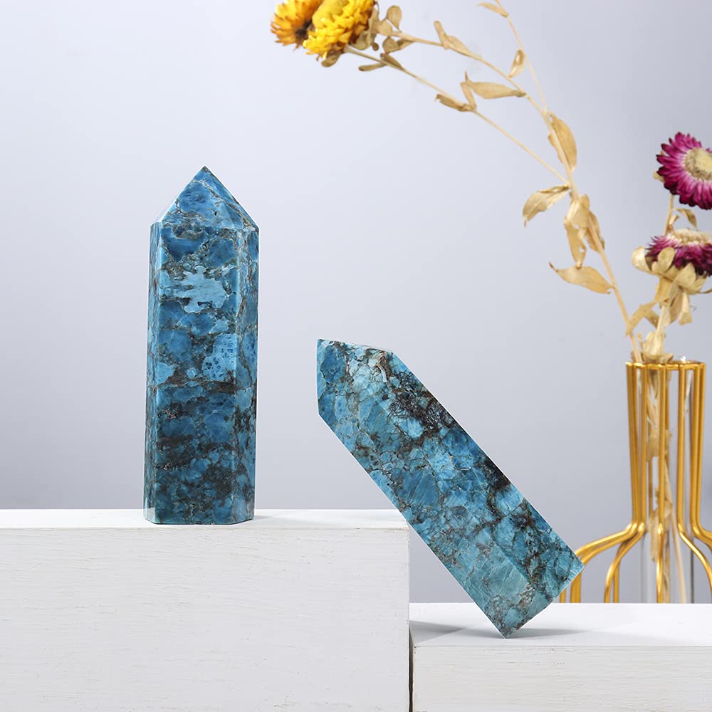 Runyangshi Large Blue Apatite Natural Healing Crystal Wand 4.72"-5" Crystals Tower 6 Faceted Single Point Crystal Prism Wand Natural Stones for Meditation Reiki Chakra Therapy Home Decor Gift
