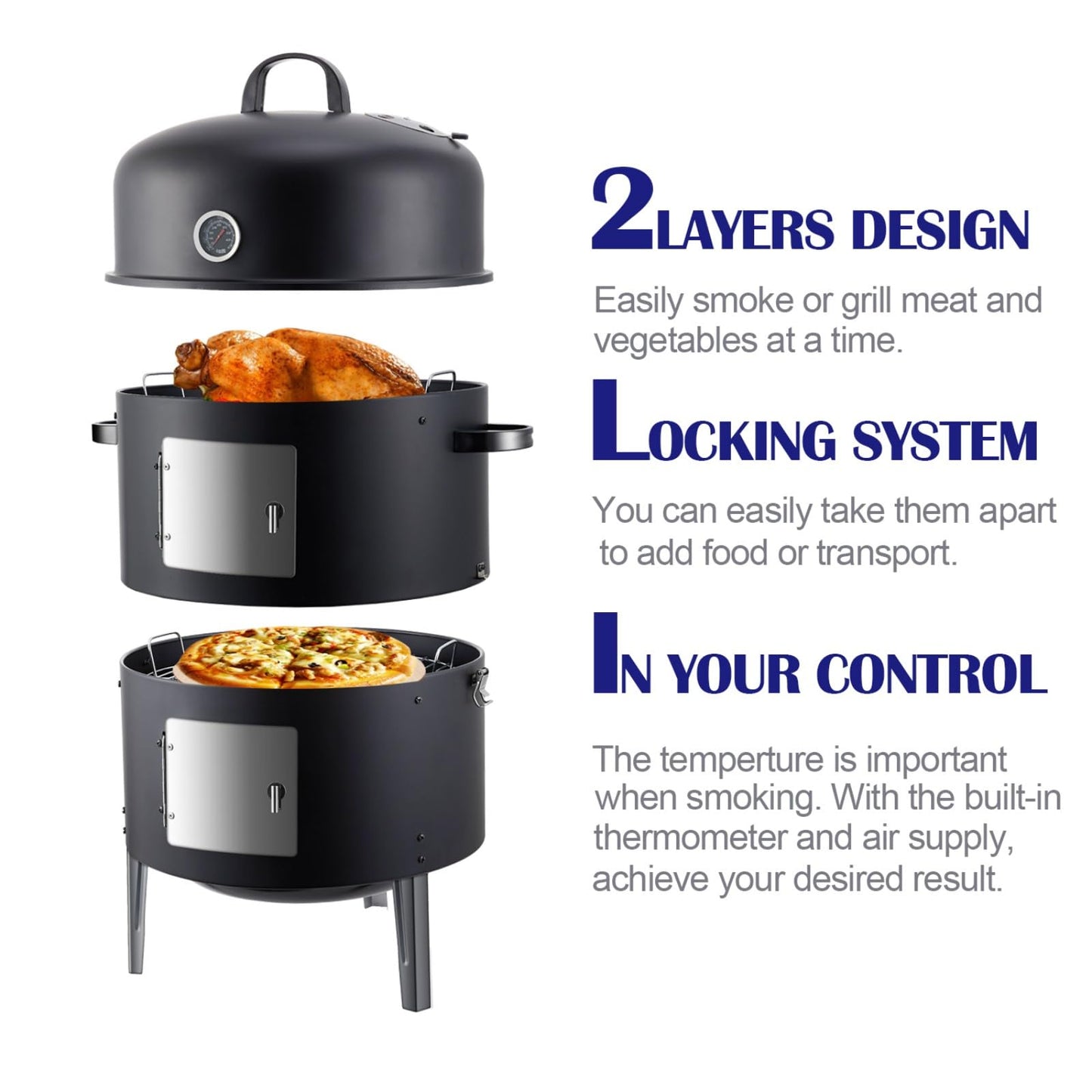 SUNLIFER Charcoal BBQ Grill, Heavy Duty 3-in-1 Barbecue Smoker Grill for Garden Camping Outdoor Cooking and Grilling 89x56x43CM