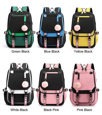 SellerFun Teenage girls' Backpack Middle School Students Bookbag Outdoor Daypack With USB charge Port (4# White Black, 21 Liters)