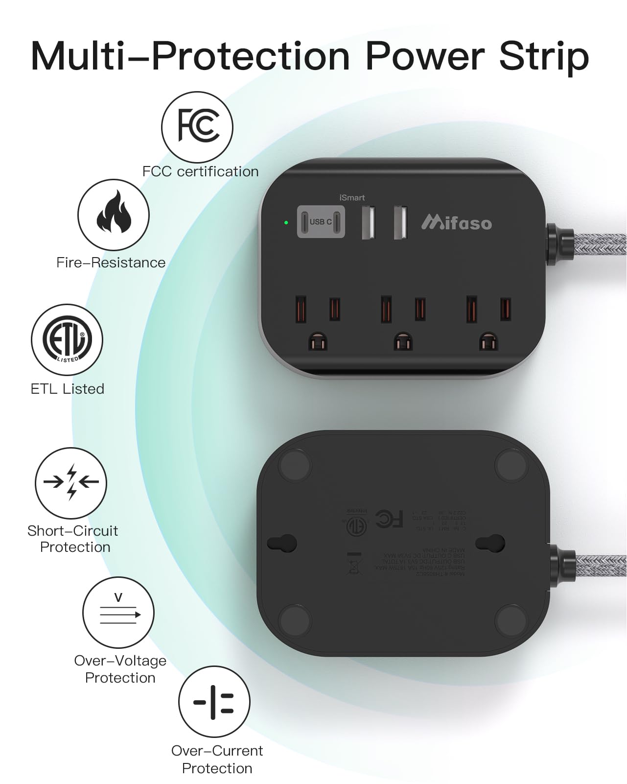 Travel Essentials - Mifaso Power Strip with USB, Compact Flat Plug Extension Cord 5ft with 3 Outlets 4 USB Ports, Non Surge Cruise Must Haves, Cruise Ship Essentials, Dorm Room, Apartment Essentials