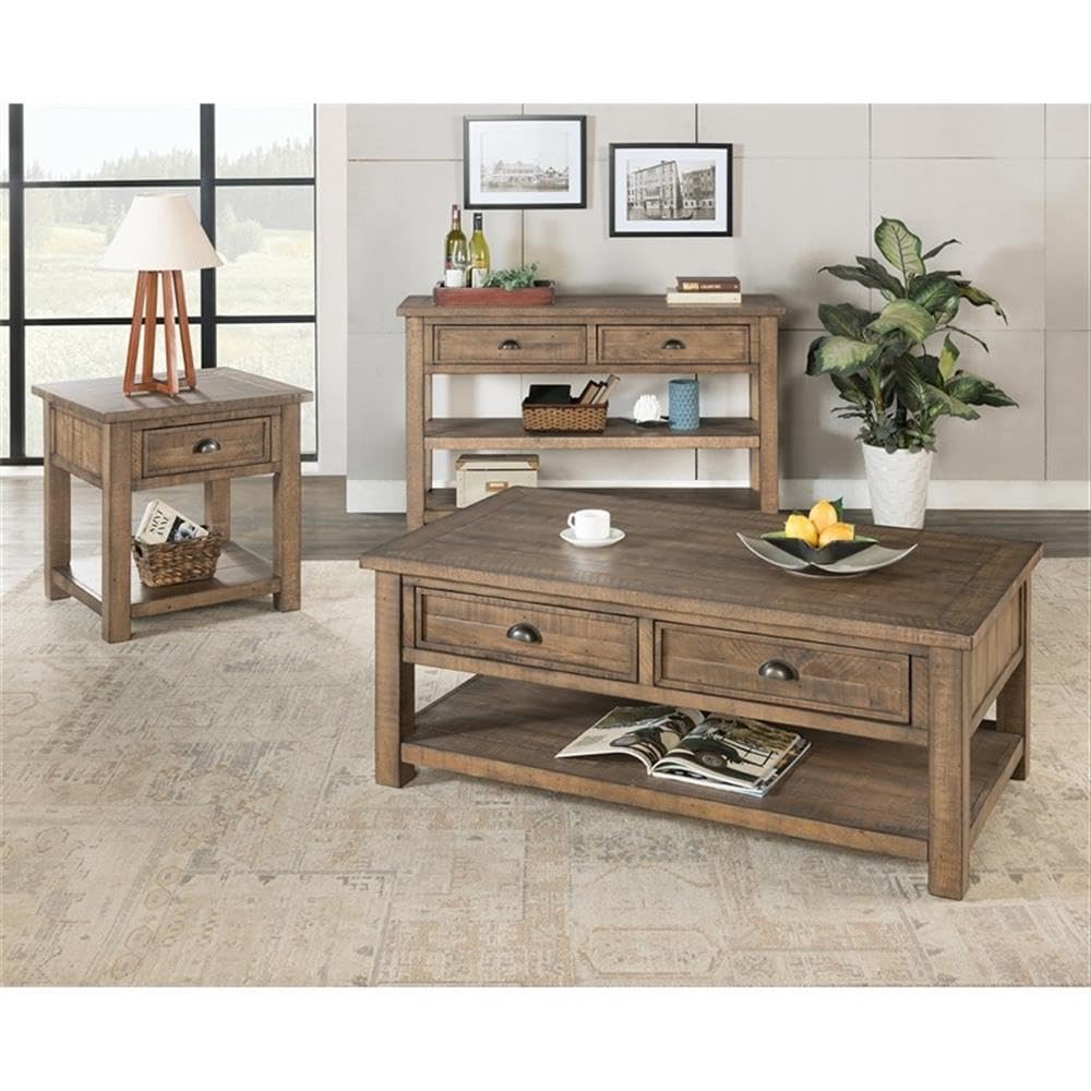 Monterey Farmhouse Rustic End Table, Solid Pine Wood Coastal Side Table with Drawer and Shelf. Reclaimed Natural.